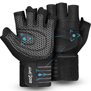 Resigilat - Manusi Fitness si Sala GO4FIT®, Protectie Palma, Neopren Rezistent, Material Respirabil, Curele Incheietura, Velcro, Potrivite pentru Powerlifting, Trageri, Negru - Img 1