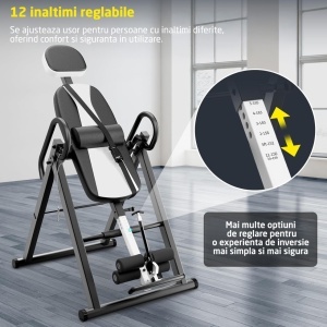 Resigilat - Masa de Inversie GO4FIT®, 130 kg, Aparat Recuperare Pliabil, 6 Unghiuri Reglabile 0–85°, 12 Inaltimi Ajustabile, Structura Triunghiulara din Otel, Sistem Blocare Siguranta, Design Compact, Negru - Img 6