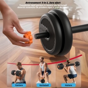 Resigilat - Set Gantere Reglabile GO4FIT, Model FED, 20kg, Extensie Haltera si Baza Kettlebell, Manere Flotari, Protectie Bara, Sistem de Prindere Sigur, Manere Antiderapante, Antrenament Complet Acasa sau Sala - Img 4