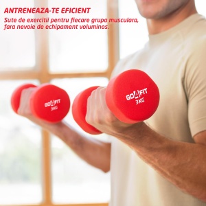 Set 2 Gantere Fitness GO4FIT®, Greutate 2 x 3 kg, Interior Fonta Solida si Invelis Neopren, Design Ergonomic Anti-roll, Suprafata Antiderapanta, Impermeabile, Antrenamente Acasa, Aerobic sau Sala Forta, Protejeaza Podeaua, Rosu - Img 4