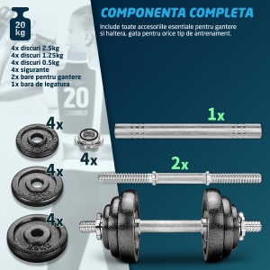 Set Gantere Reglabile din Fonta GO4FIT®, 20 kg, Transformabile in Haltera cu Bara de Conectare, 4 Sigurante Cauciucate, Manere Antiderapante, Discuri 2.5/1.25/0.5 kg, pentru Antrenament Complet Acasa sau la Sala, Negru - Img 4