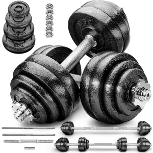Set Gantere Reglabile din Fonta GO4FIT®, 40 kg, Transformabile in Haltera cu Bara de Conectare, 6 Sigurante Cauciucate, Manere Antiderapante, Discuri 5/2.5/1.25/0.5 kg, pentru Antrenament Complet Acasa sau la Sala, Negru