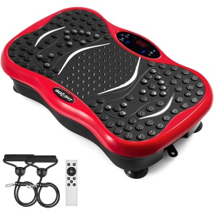Aparat Vibromasaj GO4FIT® GF1000, Platforma Vibratii Fitness, Putere 200 W, 99 Viteze, 5 Programe, 2 Benzi Elastice de Rezistenta, Telecomanda, Boxe Integrate si USB, Magneti Masaj Talpi, Greutate Maxima 120 kg, Rosu