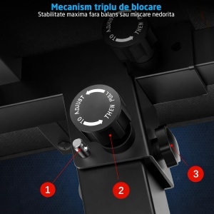 Banca Fitness GO4FIT®, Model B100, Greutate Maxima 150 kg, Cadru Otel 50 mm, Tetiera Reglabila 3 Pozitii, Lungime 137.5 cm, Pliabila, Mecanism Triplu Blocare, Negru - Img 5