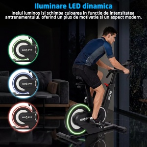 Bicicleta Spinning Electromagnetica GO4FIT®, Model GF250, Volanta 12 kg, Rezistenta Reglabila 32 Trepte, Greutate Maxima Utilizator 120 kg, Bluetooth, Compatibila Kinomap, Iluminare LED Dinamica, Consola Electronica, Suport Telefon, Ghidon si Sa Reglabile - Img 2