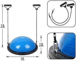 Minge Echilibru Bosu GO4FIT®, Diametru 58 cm, 2 Corzi Elastice cu Manere, Pompa Inclusa, PVC Non-Toxic, Suprafata Texturata Antiderapanta, Greutate Maxima 150 kg, pentru Fitness, Yoga, Pilates si Recuperare, Albastru - Img 3