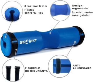 Protectie Bara pentru Genuflexiuni GO4FIT®, Barbell Pad din Spuma cu Memorie, Design Ergonomic, 45 x 9 cm, Compatibila cu Barele Olimpice, Protejeaza Gatul si Umerii, pentru Fandari si Ridicari de Bazin, Albastru - Img 2