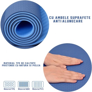 Saltea Fitness si Yoga GO4FIT®, 183 x 62 cm, Grosime 6 mm, Dublu Strat cu Textura Antiderapanta, Material Eco-Friendly Rezistent la Apa, Usor de Curatat, Usoara si Rulabila, pentru Pilates, Aerobic si Exercitii la Sol, Albastru - Img 2