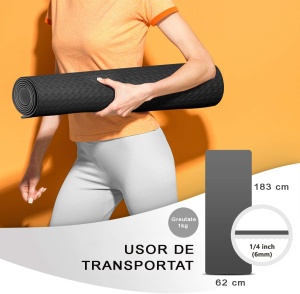 Saltea Fitness si Yoga GO4FIT®, 183 x 62 cm, Grosime 6 mm, Dublu Strat cu Textura Antiderapanta, Material Eco-Friendly Rezistent la Apa, Usor de Curatat, Usoara si Rulabila, pentru Pilates, Aerobic si Exercitii la Sol, Negru/Gri - Img 6