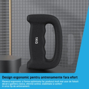 Set 2 Gantere Ergonomice GO4FIT®, 2kg, Fitness, Aerobic, Box si Shadow Boxing, Invelis Neopren Anti-alunecare, Design Compact, Negru - Img 6
