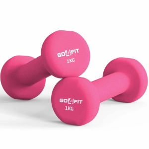 Set 2 Gantere Fitness GO4FIT®, Greutate 2 x 1 kg, Interior Fonta Solida si Invelis Neopren, Design Ergonomic Anti-roll, Suprafata Antiderapanta, Impermeabile, Antrenamente Acasa, Aerobic sau Sala Forta, Protejeaza Podeaua, Roz