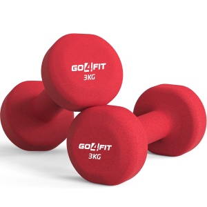 Set 2 Gantere Fitness GO4FIT®, Greutate 2 x 3 kg, Interior Fonta Solida si Invelis Neopren, Design Ergonomic Anti-roll, Suprafata Antiderapanta, Impermeabile, Antrenamente Acasa, Aerobic sau Sala Forta, Protejeaza Podeaua, Rosu