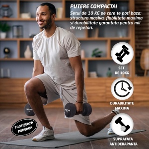 Set 2 Gantere Fitness GO4FIT®, Greutate 2 x 5 kg, Interior Fonta Solida si Invelis Neopren, Design Ergonomic Anti-roll, Suprafata Antiderapanta, Impermeabile, Antrenamente Acasa, Aerobic sau Sala Forta, Protejeaza Podeaua, Negru - Img 7