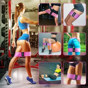 Set 3 Benzi Elastice din Material Textil GO4FIT®, 3 Niveluri de Rezistenta, Antiderapante, Potrivite pentru Piele Sensibila, pentru Fitness, Fese si Picioare, Aerobic, Pilates, Yoga, Stretching si Recuperare, Saculet Inclus, Verde/Mov/Roz - Img 7