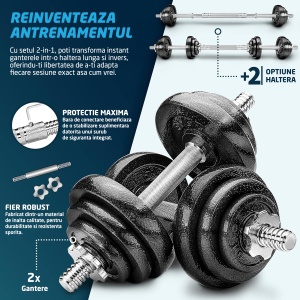 Set Gantere Reglabile din Fonta GO4FIT®, 20 kg, Transformabile in Haltera cu Bara de Conectare, 4 Sigurante Cauciucate, Manere Antiderapante, Discuri 2.5/1.25/0.5 kg, pentru Antrenament Complet Acasa sau la Sala, Negru - Img 2