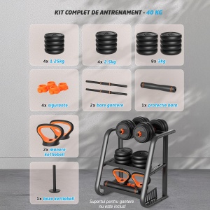 Set Gantere Reglabile GO4FIT, Model FED, 40kg, Extensie Haltera si Baza Kettlebell, Manere Flotari, Protectie Bara, Sistem de Prindere Sigur, Manere Antiderapante, Antrenament Complet Acasa sau Sala - Img 2