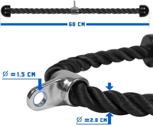 Sfoara Triceps GO4FIT® pentru Aparate cu Cablu, Nylon Impletit Ultra-Rezistent, Capete din Cauciuc Antiderapante, Prindere Universala cu Carlig, pentru Triceps, Biceps, Spate, Umeri si Forta de Strangere, 68 cm, Negru - Img 6
