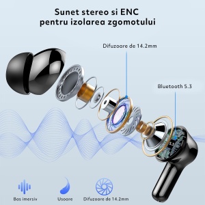 Casti Wireless Audio fara Fir, Microfon cu ENC, Afisaj LED, Autonomie 40h, Negru - Img 3