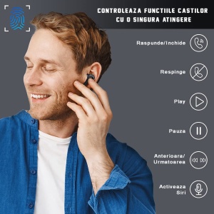 RESIGILAT - Casti wireless audio, GO4FIT® , model GX08, Bluetooth 5.0, Control prin Atingere, fara fir, Carcasa Magnetica, Afisare LED, Autonomie 30 h, Negru - Img 2
