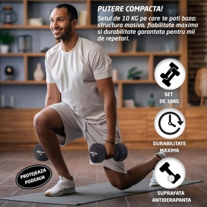 Resigilat - Set 2 Gantere Fitness GO4FIT®, Greutate 2 x 5 kg, Interior Fonta Solida si Invelis Neopren, Design Ergonomic Anti-roll, Suprafata Antiderapanta, Impermeabile, Antrenamente Acasa, Aerobic sau Sala Forta, Protejeaza Podeaua, Negru - Img 7
