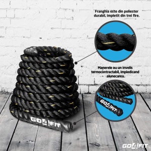 Resigilat - Sfoara Antrenament GO4FIT®, Franghie Fitness, 9 Metri Lungime, 3.8 cm Grosime, Negru/ Galben - Img 5