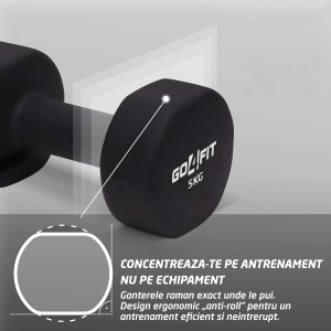 Set 2 Gantere Fitness GO4FIT®, Greutate 2 x 5 kg, Interior Fonta Solida si Invelis Neopren, Design Ergonomic Anti-roll, Suprafata Antiderapanta, Impermeabile, Antrenamente Acasa, Aerobic sau Sala Forta, Protejeaza Podeaua, Negru - Img 4