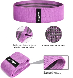 Set 3 Benzi Elastice din Material Textil GO4FIT®, 3 Niveluri de Rezistenta, Antiderapante, Potrivite pentru Piele Sensibila, pentru Fitness, Fese si Picioare, Aerobic, Pilates, Yoga, Stretching si Recuperare, Saculet Inclus, Verde/Mov/Roz - Img 4