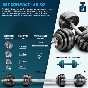 Set Gantere Reglabile din Fonta GO4FIT®, 40 kg, Transformabile in Haltera cu Bara de Conectare, 6 Sigurante Cauciucate, Manere Antiderapante, Discuri 5/2.5/1.25/0.5 kg, pentru Antrenament Complet Acasa sau la Sala, Negru - Img 5