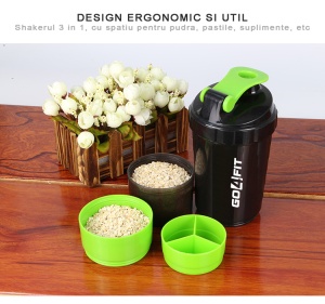 Shaker Proteine GO4FIT®, 600 ml, Plastic fara BPA, cu Capac, 2 Recipiente pentru Pudra Proteica, Compartiment pentru Pastile, Accesoriu de Amestecare, pentru Sala, Fitness si Suplimente, Usor de Transportat, Verde - Img 5