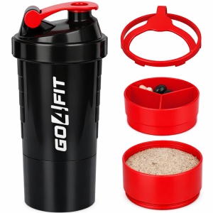 Shaker Proteine GO4FIT®, 600 ml, Plastic fara BPA, cu Capac, 2 Recipiente pentru Pudra Proteica, Compartiment pentru Pastile, Accesoriu de Amestecare, pentru Sala, Fitness si Suplimente, Usor de Transportat, Rosu