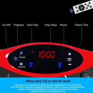 Aparat Vibromasaj GO4FIT® GF1000, Platforma Vibratii Fitness, Putere 200 W, 99 Viteze, 5 Programe, 2 Benzi Elastice de Rezistenta, Telecomanda, Boxe Integrate si USB, Magneti Masaj Talpi, Greutate Maxima 120 kg, Rosu - Img 5