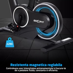 Bicicleta Spinning Electromagnetica GO4FIT®, Model GF250, Volanta 12 kg, Rezistenta Reglabila 32 Trepte, Greutate Maxima Utilizator 120 kg, Bluetooth, Compatibila Kinomap, Iluminare LED Dinamica, Consola Electronica, Suport Telefon, Ghidon si Sa Reglabile - Img 6
