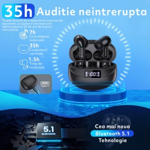 Casti Wireless Audio fara Fir, Microfon, Afisaj LED, Autonomie 35h, Negru - Img 2