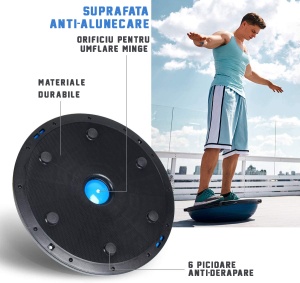 Minge Echilibru Bosu GO4FIT®, Diametru 58 cm, 2 Corzi Elastice cu Manere, Pompa Inclusa, PVC Non-Toxic, Suprafata Texturata Antiderapanta, Greutate Maxima 150 kg, pentru Fitness, Yoga, Pilates si Recuperare, Albastru - Img 7