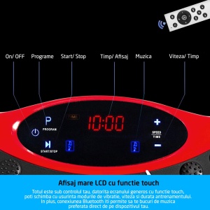 Resigilat - Aparat Vibromasaj GO4FIT® GF1000, Platforma Vibratii Fitness, Putere 200 W, 99 Viteze, 5 Programe, 2 Benzi Elastice de Rezistenta, Telecomanda, Boxe Integrate si USB, Magneti Masaj Talpi, Greutate Maxima 120 kg, Rosu - Img 5