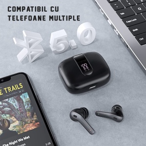 RESIGILAT - Casti wireless audio, GO4FIT® , model GX08, Bluetooth 5.0, Control prin Atingere, fara fir, Carcasa Magnetica, Afisare LED, Autonomie 30 h, Negru - Img 10