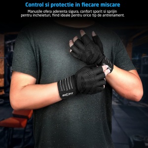 Resigilat - Manusi Fitness si Sala GO4FIT®, Protectie Palma, Neopren Rezistent, Material Respirabil, Curele Incheietura, Velcro, Potrivite pentru Powerlifting, Trageri, Negru - Img 2