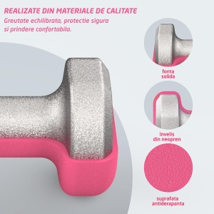 Set 2 Gantere Fitness GO4FIT®, Greutate 2 x 1 kg, Interior Fonta Solida si Invelis Neopren, Design Ergonomic Anti-roll, Suprafata Antiderapanta, Impermeabile, Antrenamente Acasa, Aerobic sau Sala Forta, Protejeaza Podeaua, Roz - Img 5