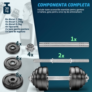 Set Gantere Fonta GO4FIT®, 30kg, Haletera Profesionala Reglabila, Manere Antiderapante, Bara Conectare, Antrenament Complet Acasa sau Sala - Img 2