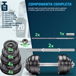 Set Gantere Fonta GO4FIT®, 50kg, Haletera Profesionala Reglabila, Manere Antiderapante, Bara Conectare, Antrenament Complet Acasa sau Sala - Img 2