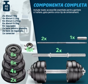 Set Gantere Reglabile din Fonta GO4FIT®, 40 kg, Transformabile in Haltera cu Bara de Conectare, 6 Sigurante Cauciucate, Manere Antiderapante, Discuri 5/2.5/1.25/0.5 kg, pentru Antrenament Complet Acasa sau la Sala, Negru - Img 2