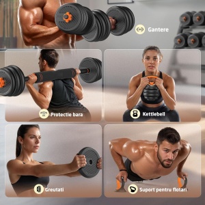 Set Gantere Reglabile GO4FIT, Model FED, 20kg, Extensie Haltera si Baza Kettlebell, Manere Flotari, Protectie Bara, Sistem de Prindere Sigur, Manere Antiderapante, Antrenament Complet Acasa sau Sala - Img 3
