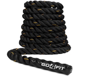 Sfoara Antrenament GO4FIT®, Franghie Battle Rope pentru Crossfit si Fitness, Lungime 9 m, Grosime 38 mm, Poliester Impletit in 3 Fire, Manere Antiderapante, Interior si Exterior, Forta si Rezistenta, Negru/Galben