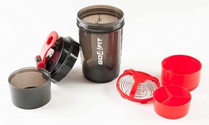 Shaker Proteine GO4FIT®, 600 ml, Plastic fara BPA, cu Capac, 2 Recipiente pentru Pudra Proteica, Compartiment pentru Pastile, Accesoriu de Amestecare, pentru Sala, Fitness si Suplimente, Usor de Transportat, Rosu - Img 2