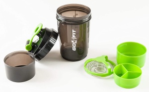 Shaker Proteine GO4FIT®, 600 ml, Plastic fara BPA, cu Capac, 2 Recipiente pentru Pudra Proteica, Compartiment pentru Pastile, Accesoriu de Amestecare, pentru Sala, Fitness si Suplimente, Usor de Transportat, Verde - Img 2
