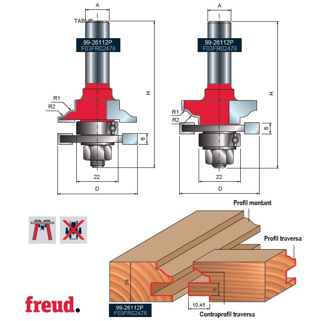 99- Freza profil contraprofil sinusoidal, placata CMS Z=2, cu coada si rulment copier inferior, DIM 42.9 - 99-26112P