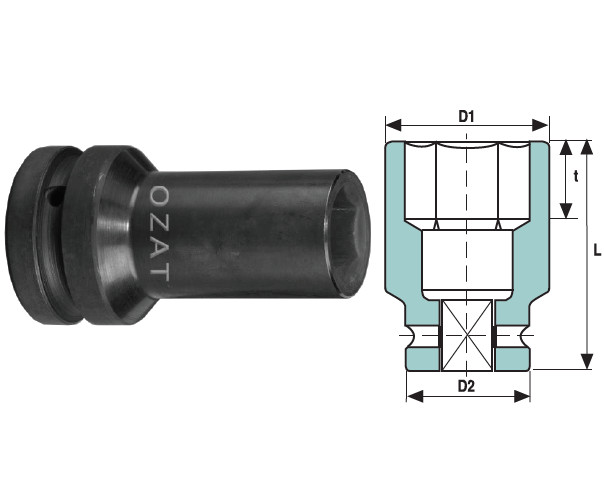 Cap cheie tubulara de impact OZAT 1" 6 laturi, cu pereti subtiri, lung 40mm L100mm