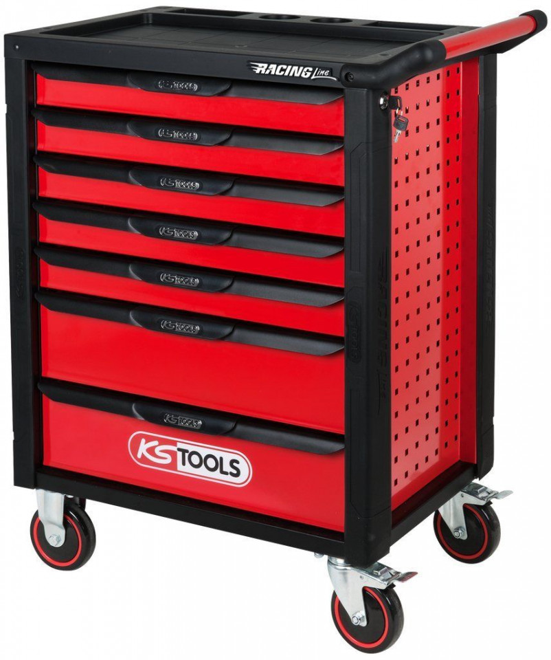 Carucior de atelier KS TOOLS RACINGline NEGRU/ROSU cu 7 sertare si 515 unelte premium