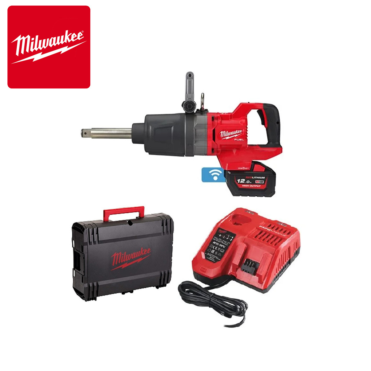 Cheie de impact 1″ ONE-KEY™ M18 FUEL™ cu mâner-D, cuplu ridicat, inel de fixare și gât lung M18 ONEFHIWF1D-121C, echipat, 1 baterie, incarcator, valiza, cuplu 2576 Nm
