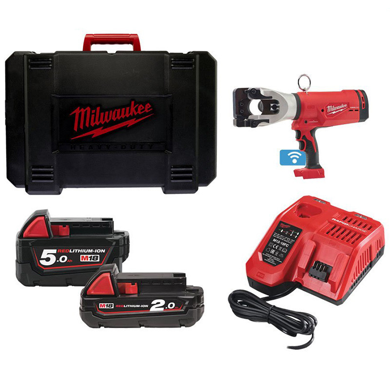Cutter hidraulic pentru cablu cu acumulator Milwaukee M18 HCC45-522C, taie cablu ACSR și ACSS de până la ∅ 44 mm, livrat cu acumulatori, valiza